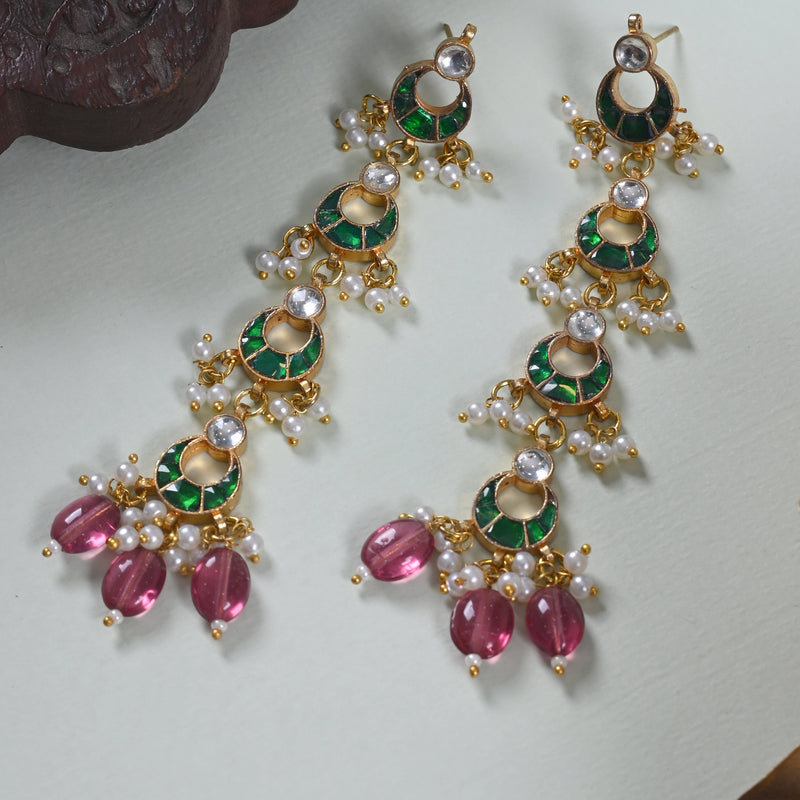 MDE662- Green and White Colour Gold Plated Jadau Kundan Dangler Earrings