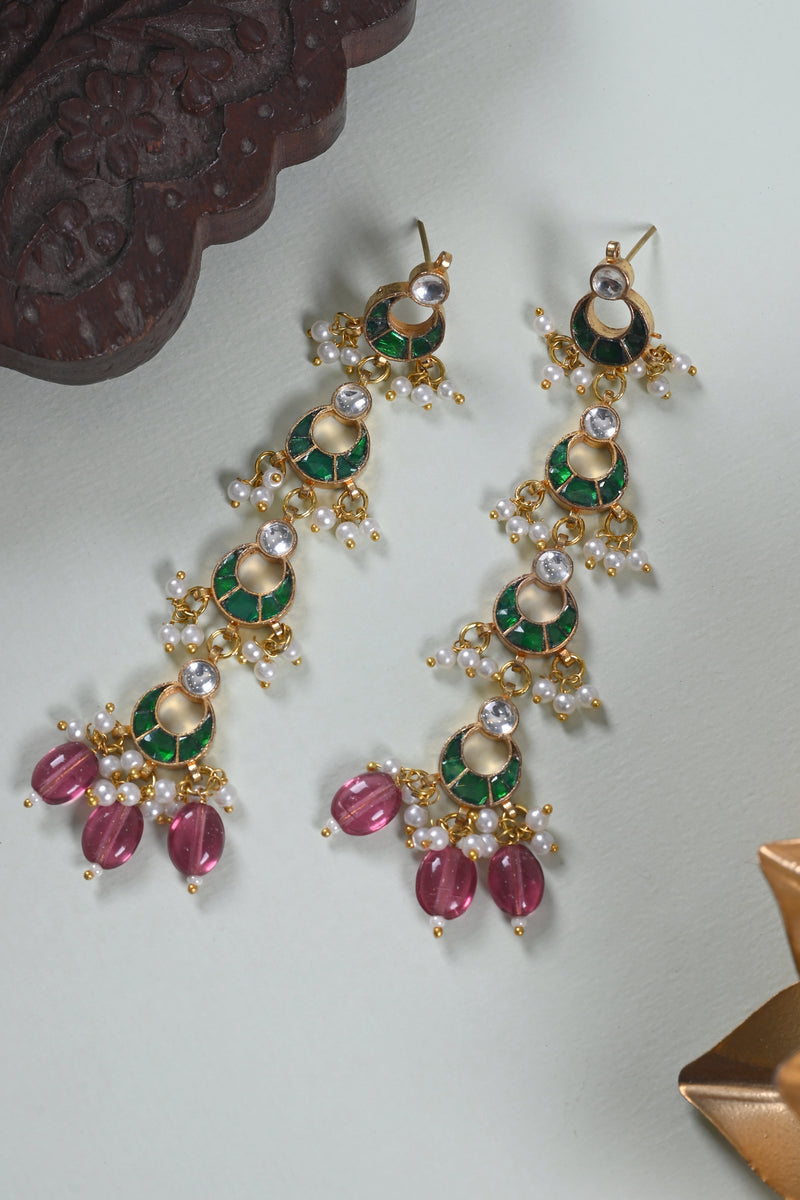 Green and White Colour Gold Plated Jadau Kundan Dangler Earrings