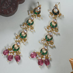 MDE662- Green and White Colour Gold Plated Jadau Kundan Dangler Earrings