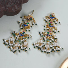 MDE512- Multi Colour Gold Plated Jadau Kundan Peacock Motif Dangler Earrings