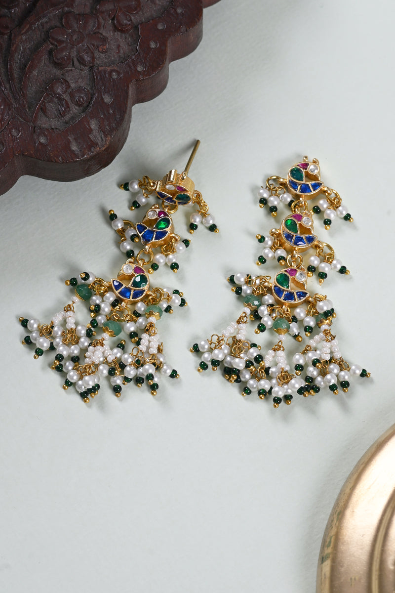 Multi Colour Gold Plated Jadau Kundan Peacock Motif Dangler Earrings