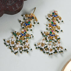 MDE512- Multi Colour Gold Plated Jadau Kundan Peacock Motif Dangler Earrings