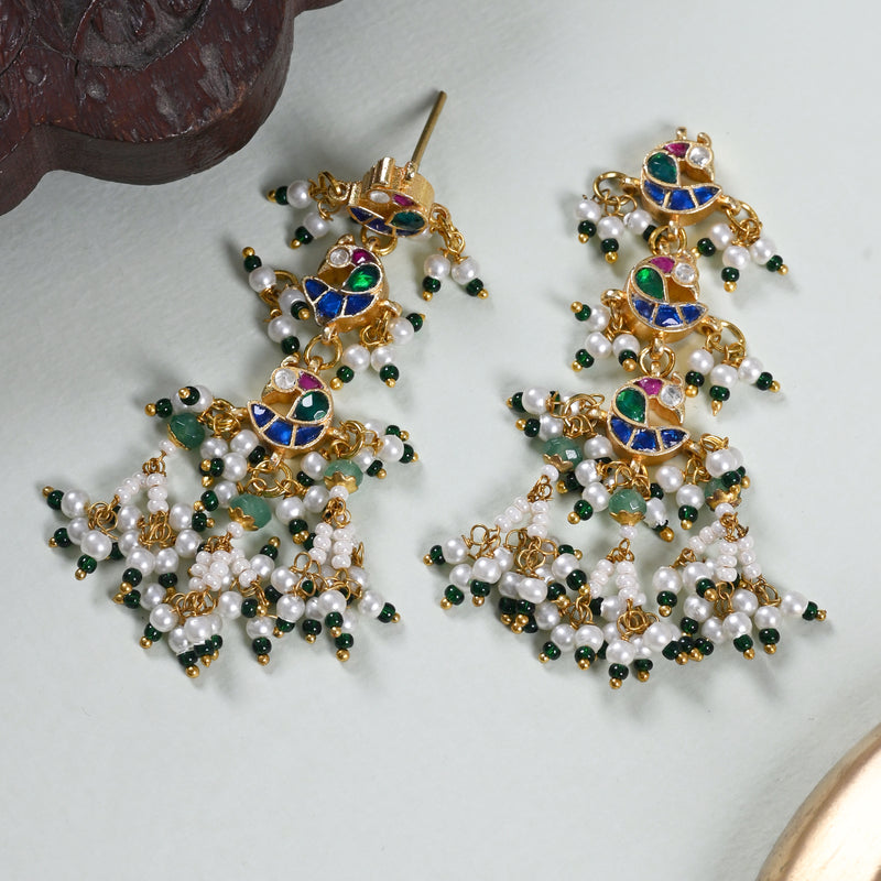 MDE512- Multi Colour Gold Plated Jadau Kundan Peacock Motif Dangler Earrings