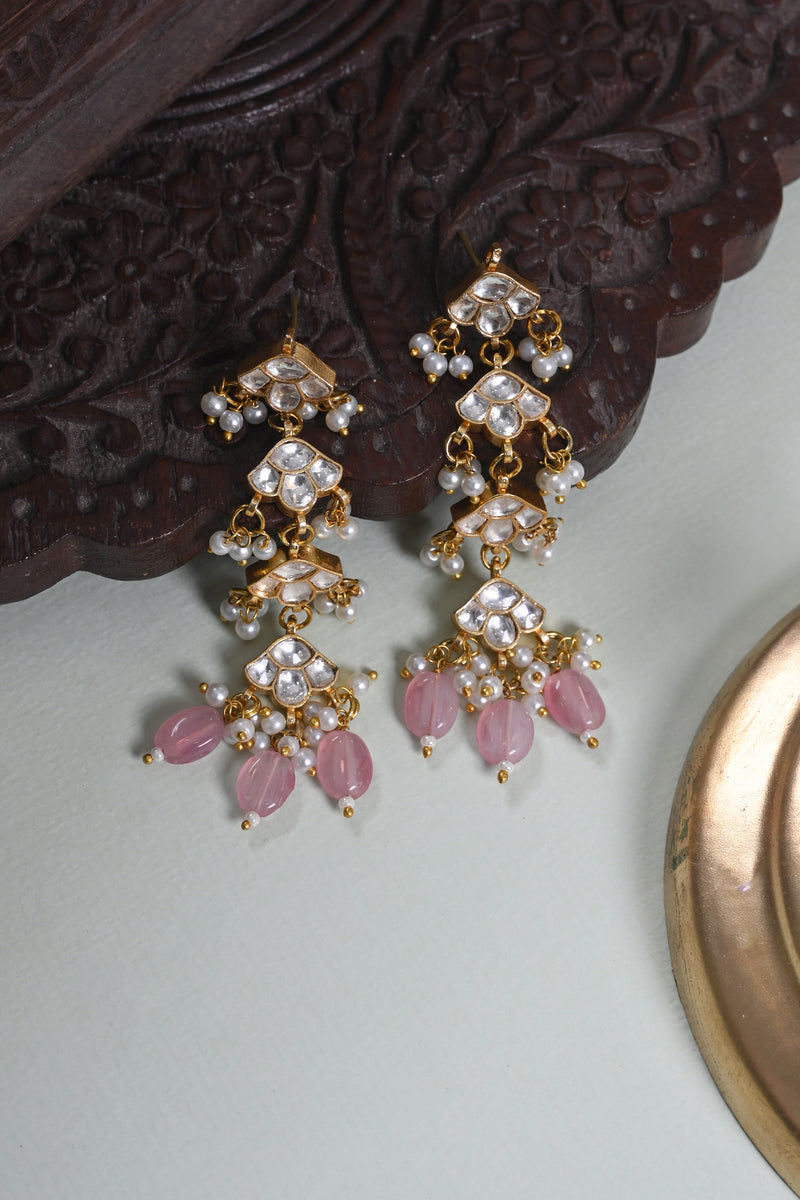 White Colour Gold Plated Jadau Kundan Dangler Earrings