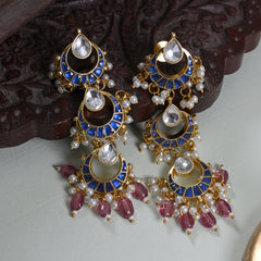 MDE659- Blue and White Colour Gold Plated Jadau Kundan Dangler Earrings