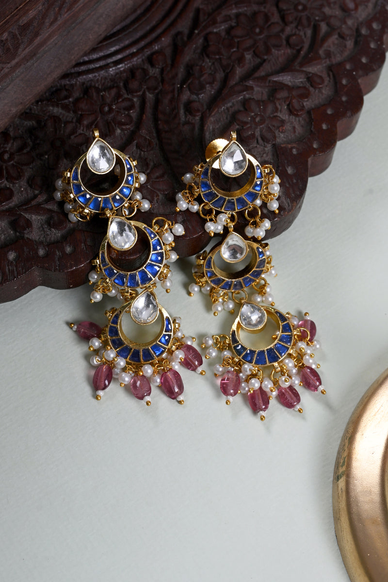 Blue and White Colour Gold Plated Jadau Kundan Dangler Earrings