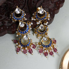 MDE659- Blue and White Colour Gold Plated Jadau Kundan Dangler Earrings