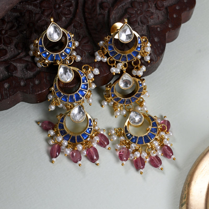 MDE659- Blue and White Colour Gold Plated Jadau Kundan Dangler Earrings