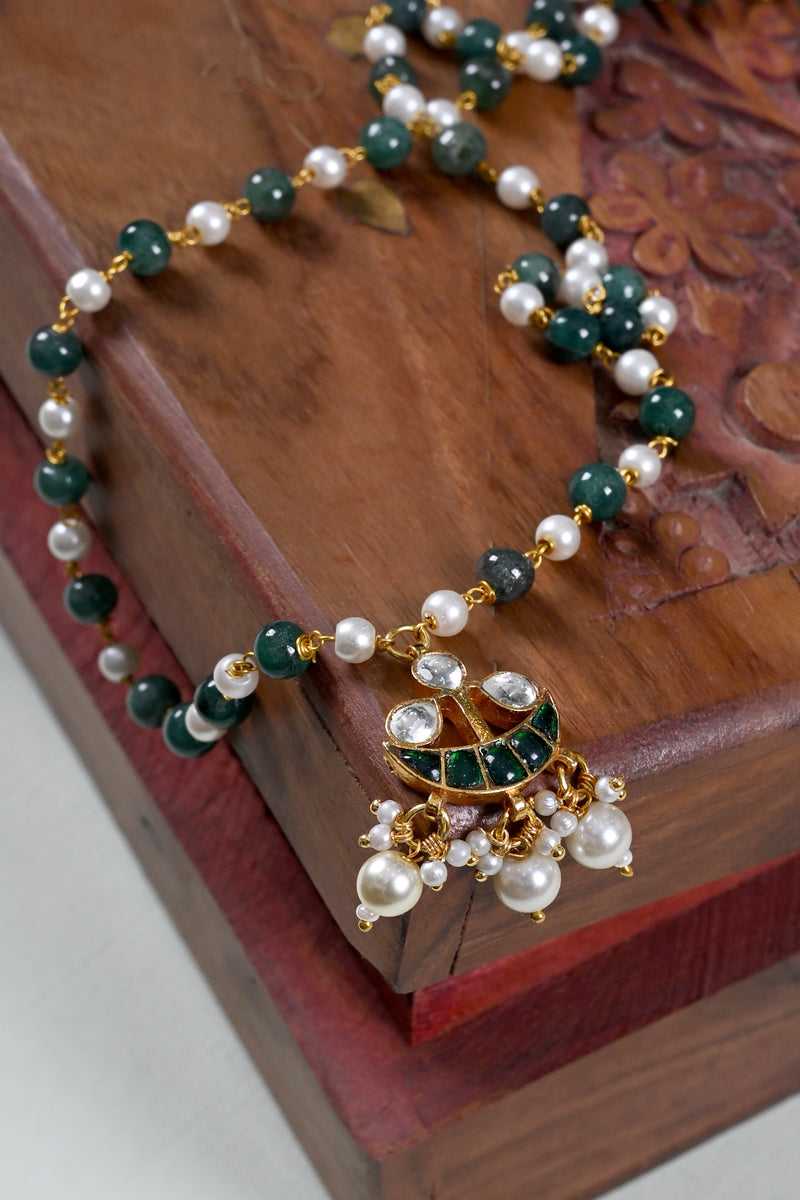 Green and White Colour Gold Plated Jadau Kundan Pendant