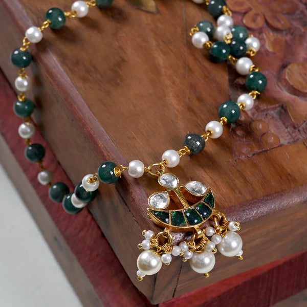 MDN860- Green and White Colour Gold Plated Jadau Kundan Pendant