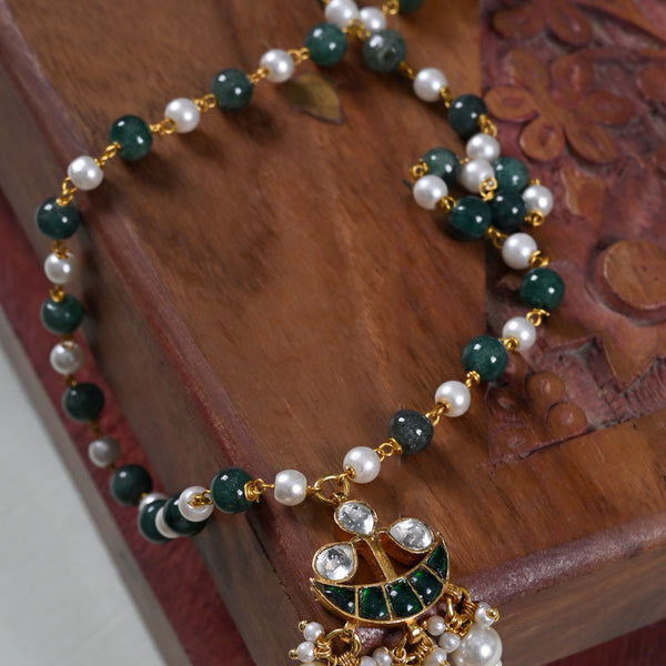 MDN860- Green and White Colour Gold Plated Jadau Kundan Pendant