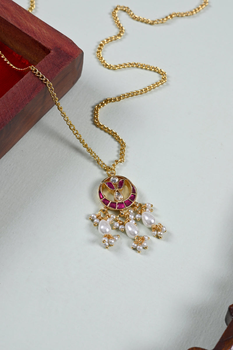 Pink and White Colour Gold Plated Jadau Kundan Pendant