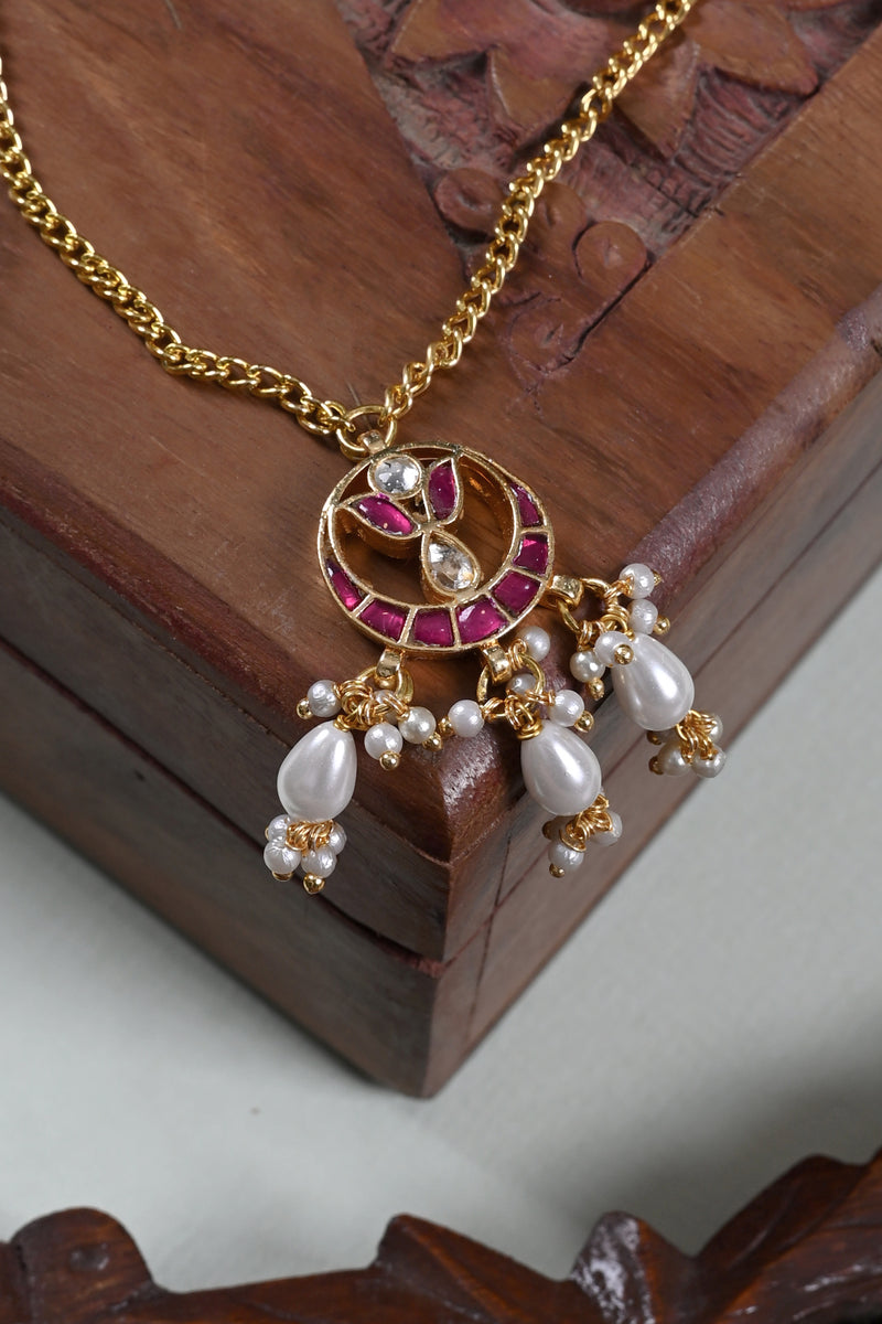Pink and White Colour Gold Plated Jadau Kundan Pendant
