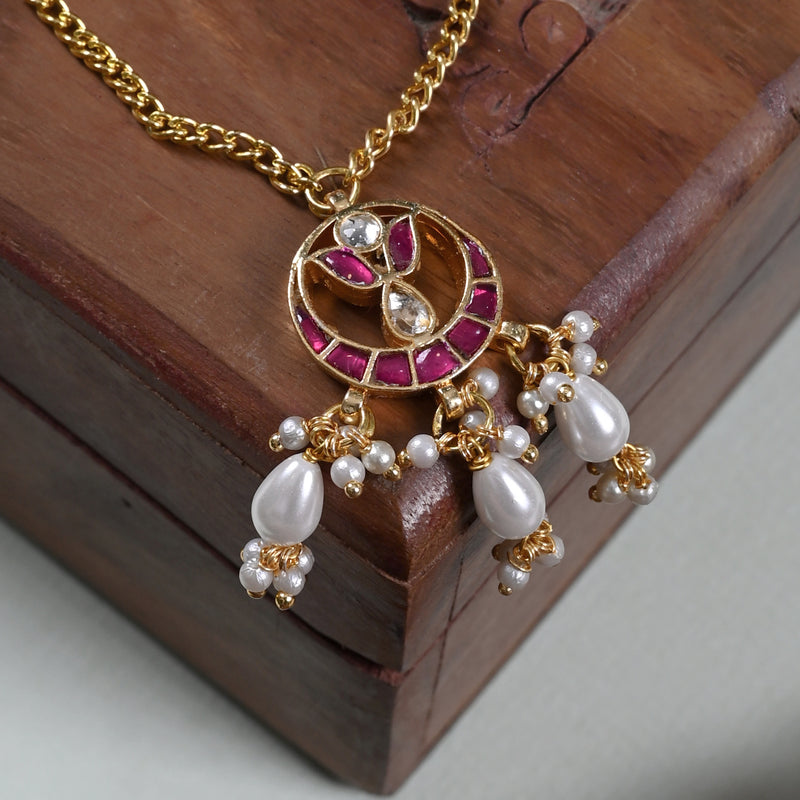 MDN863- Pink and White Colour Gold Plated Jadau Kundan Pendant