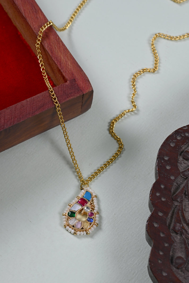 White Colour Gold Plated Jadau Kundan Peacock Motif Pendant