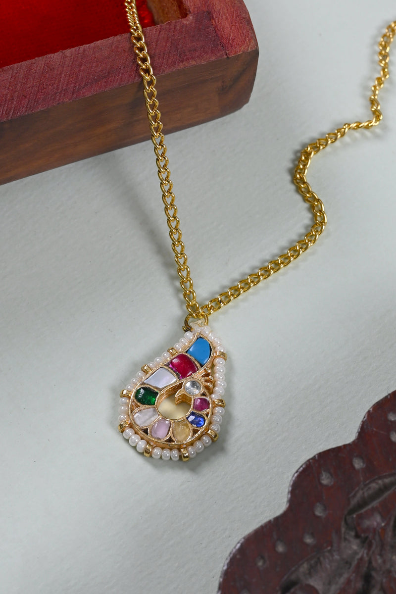 White Colour Gold Plated Jadau Kundan Peacock Motif Pendant