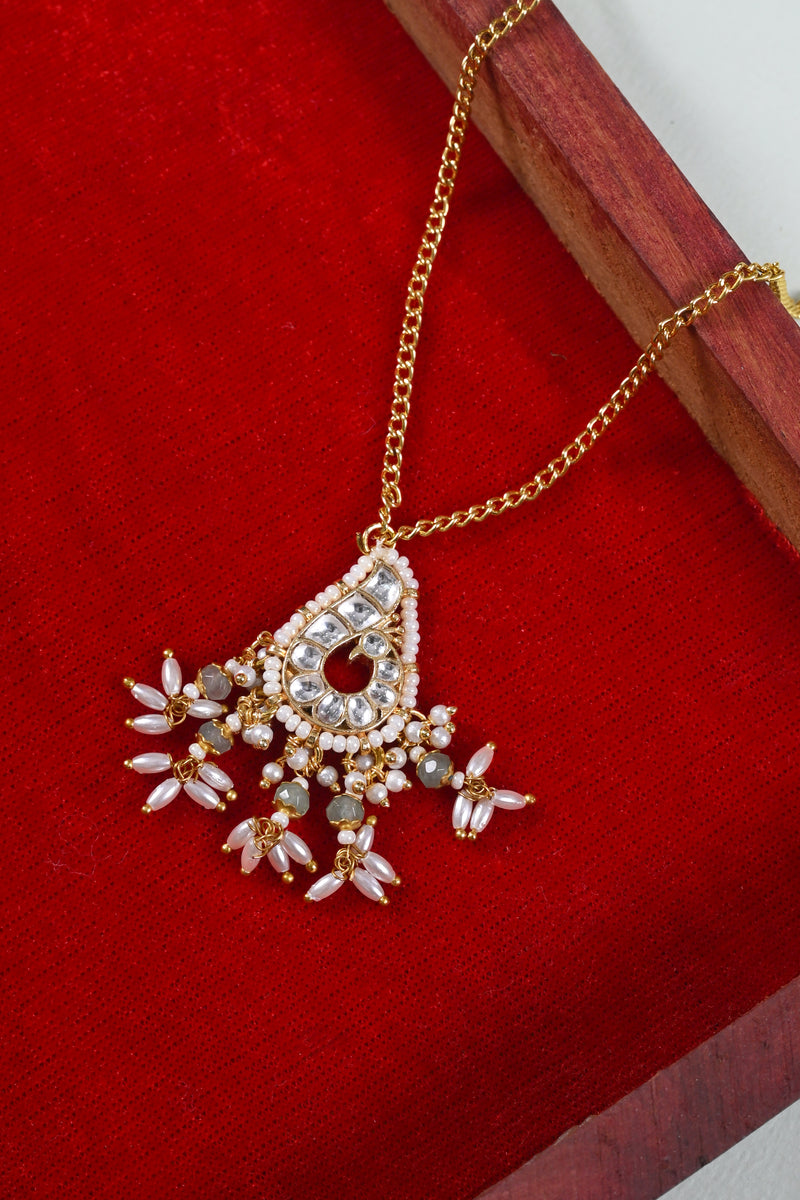 White Colour Gold Plated Jadau Kundan Peacock Motif Pendant