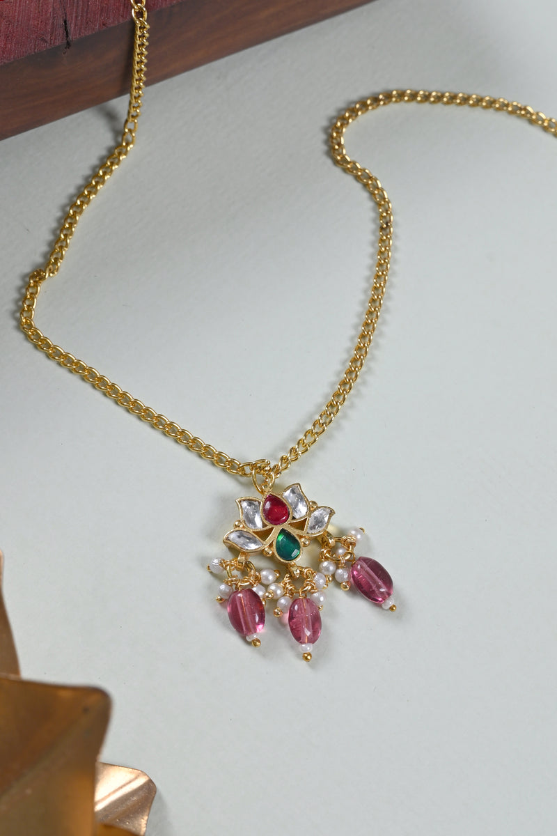 Multi Colour Gold Plated Jadau Kundan Lotus Motif Pendant