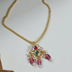 MDN862- Green and White Colour Gold Plated Jadau Kundan Lotus Motif Pendant