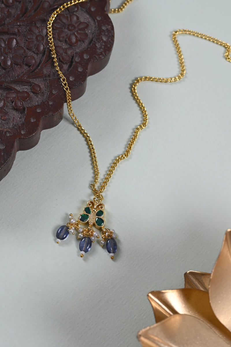 Green Colour Gold Plated Jadau Kundan Butterfly Motif Pendant