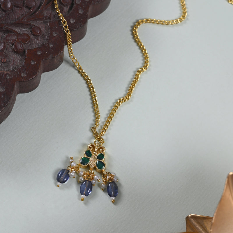 MDN866- Green Colour Gold Plated Jadau Kundan Butterfly Motif Pendant