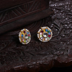 MDE869- Pink and Green Colour Gold Plated Jadau Kundan Studs Earrings
