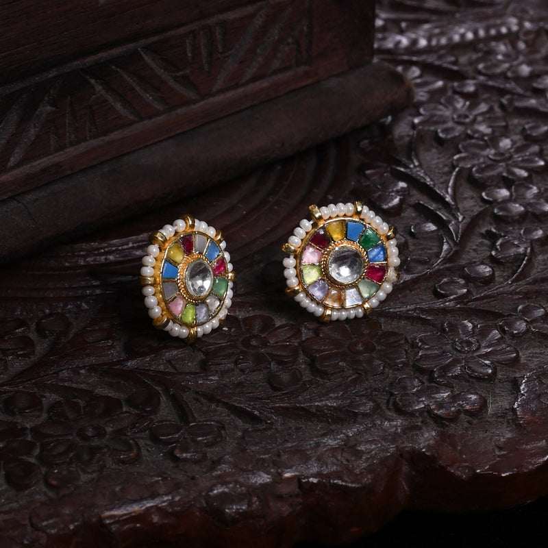 MDE869- Pink and Green Colour Gold Plated Jadau Kundan Studs Earrings