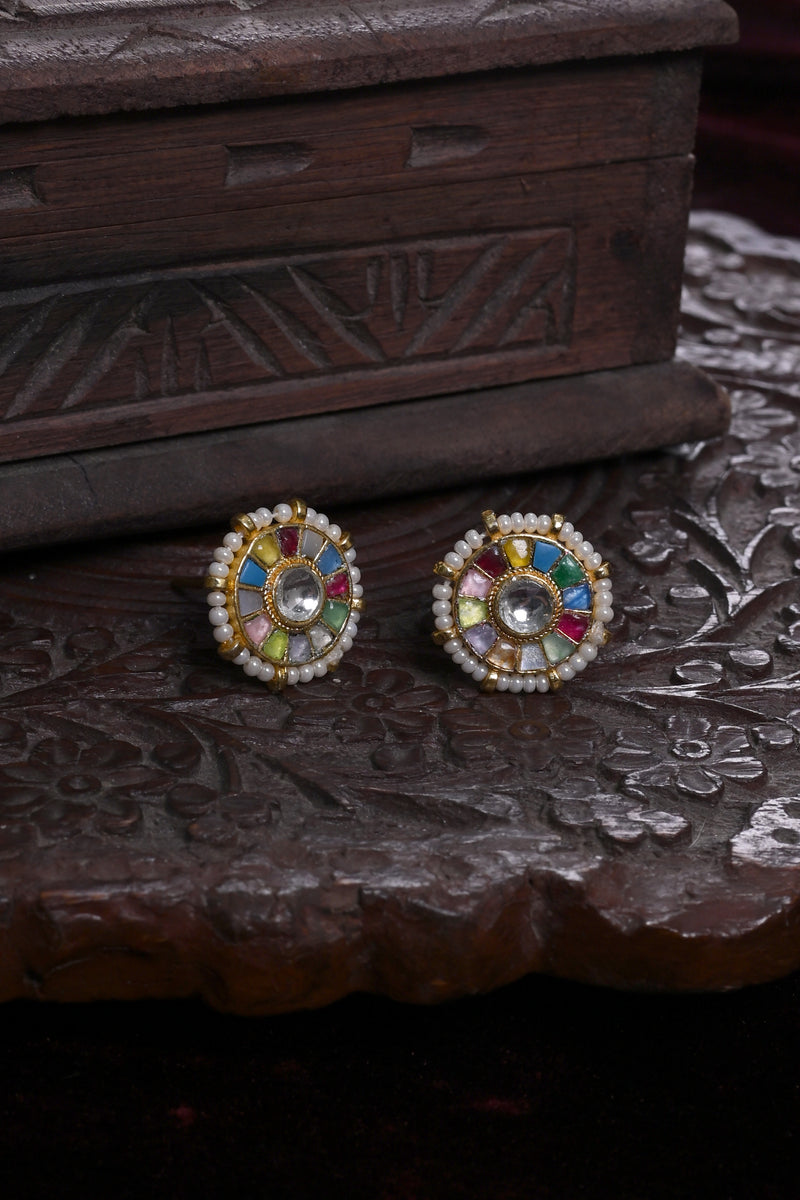 Multi Colour Gold Plated Jadau Kundan Studs Earrings