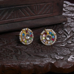MDE869- Pink and Green Colour Gold Plated Jadau Kundan Studs Earrings