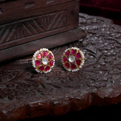 MDE870- Pink and White Colour Gold Plated Jadau Kundan Flower Motif Studs Earrings