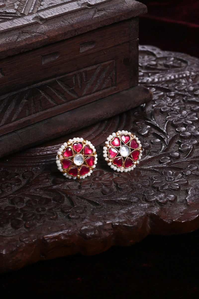 Pink and White Colour Gold Plated Jadau Kundan Flower Motif Studs Earrings