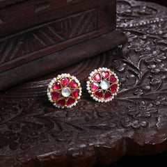 MDE870- Pink and White Colour Gold Plated Jadau Kundan Flower Motif Studs Earrings
