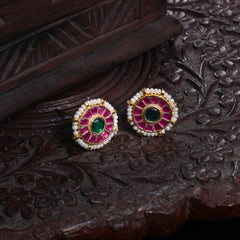 MDE869- Pink and Green Colour Gold Plated Jadau Kundan Studs Earrings