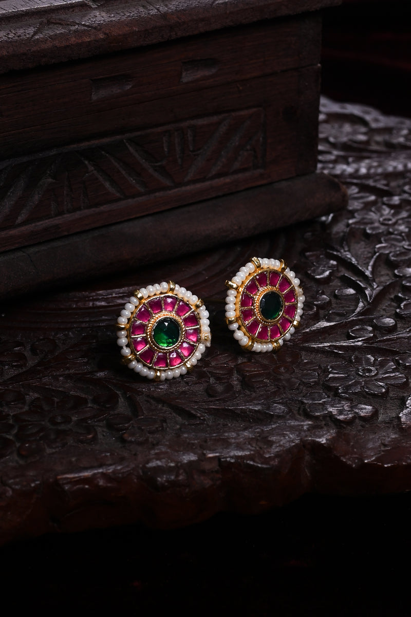 Multi Colour Gold Plated Jadau Kundan Studs Earrings