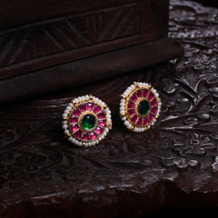 MDE869- Pink and Green Colour Gold Plated Jadau Kundan Studs Earrings