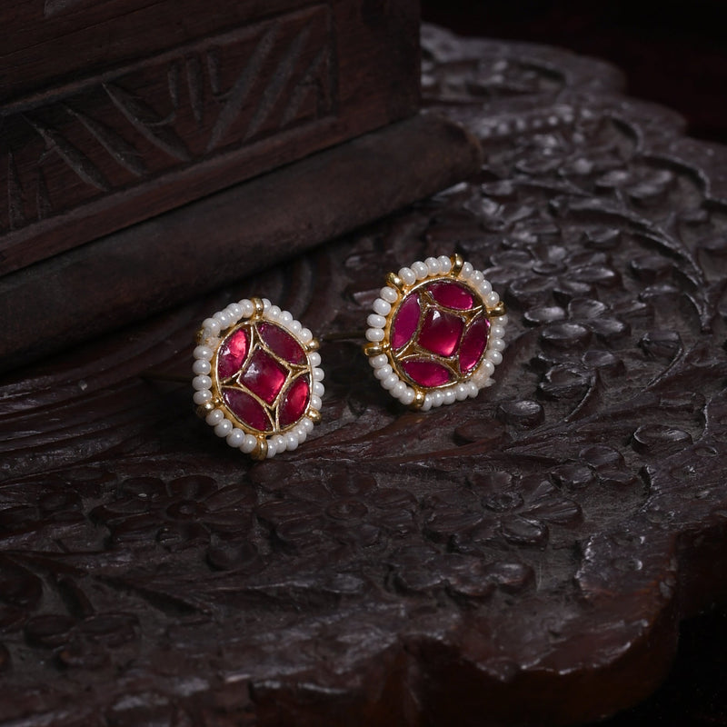 MDE868- Pink Colour Gold Plated Jadau Kundan Studs Earrings