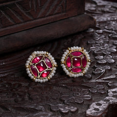 MDE868- Pink Colour Gold Plated Jadau Kundan Studs Earrings