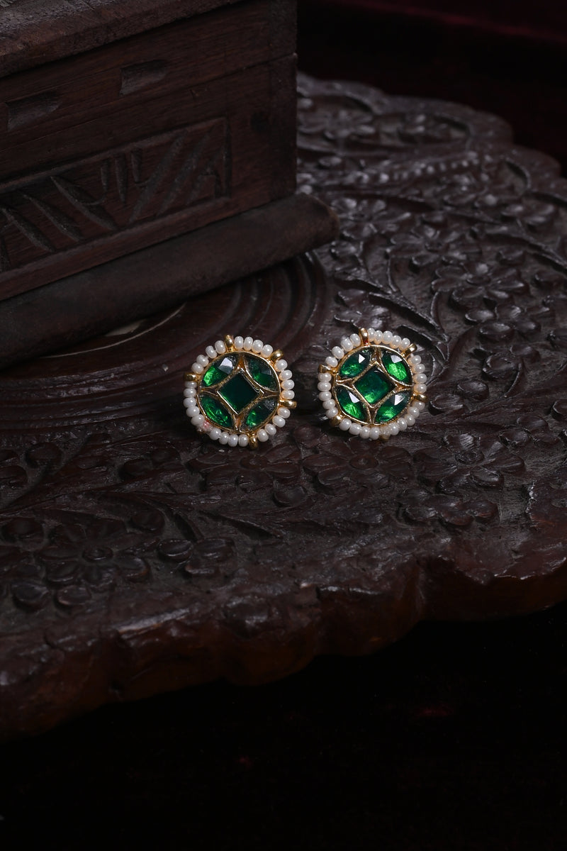 Green Colour Gold Plated Jadau Kundan Studs Earrings