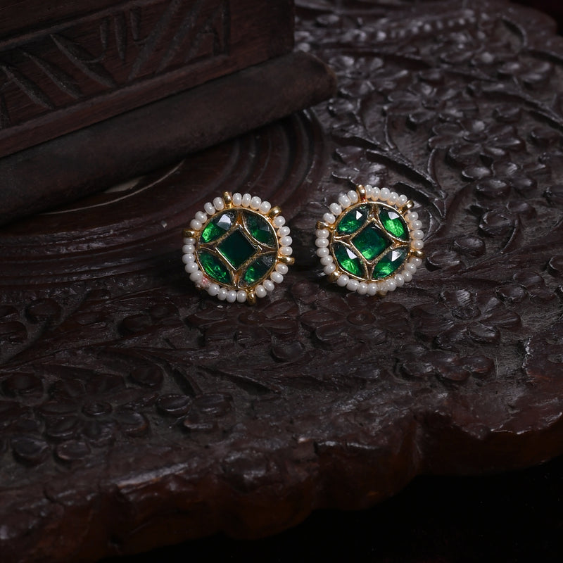 MDE868- Pink Colour Gold Plated Jadau Kundan Studs Earrings
