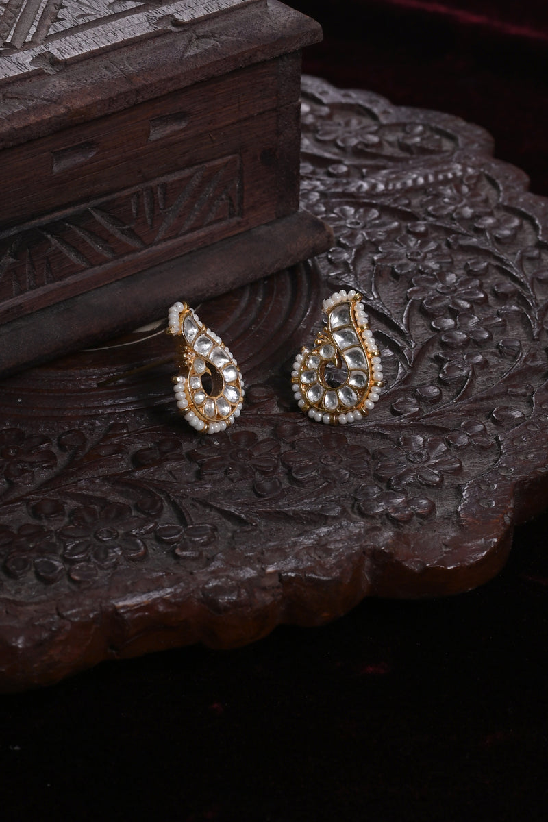 White Colour Gold Plated Jadau Kundan Peacock Motif Studs Earrings