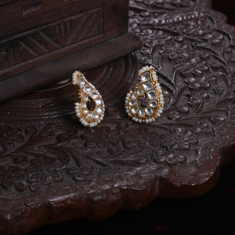 MDE871- White Colour Gold Plated Jadau Kundan Peacock Motif Studs Earrings