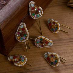 MDBR270- Multi Colour Gold Plated Jadau Kundan Peacock Motif Juda Pin