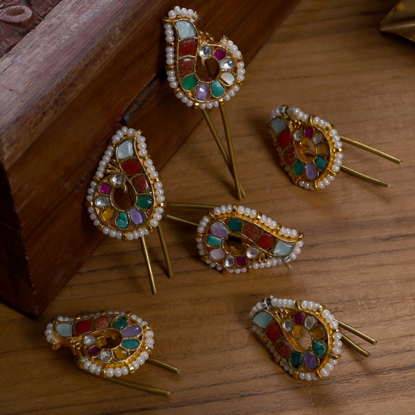MDBR270- Multi Colour Gold Plated Jadau Kundan Peacock Motif Juda Pin