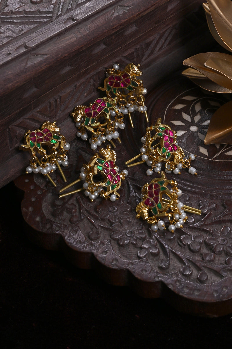 Pink and Green Colour Gold Plated Jadau Kundan Horse Motif Juda Pin