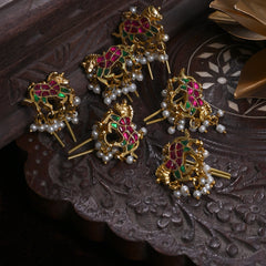 MDBR269- Pink and Green Colour Gold Plated Jadau Kundan Horse Motif Juda Pin