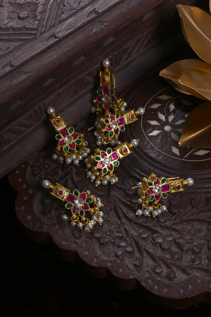Multi Colour Gold Plated Jadau Kundan Juda Pin