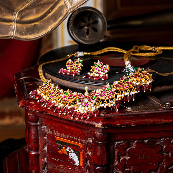 MDN112- Multi Colour Gold Plated Jadau Kundan Temple Necklace Set