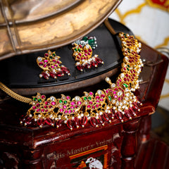 MDN112- Multi Colour Gold Plated Jadau Kundan Temple Necklace Set
