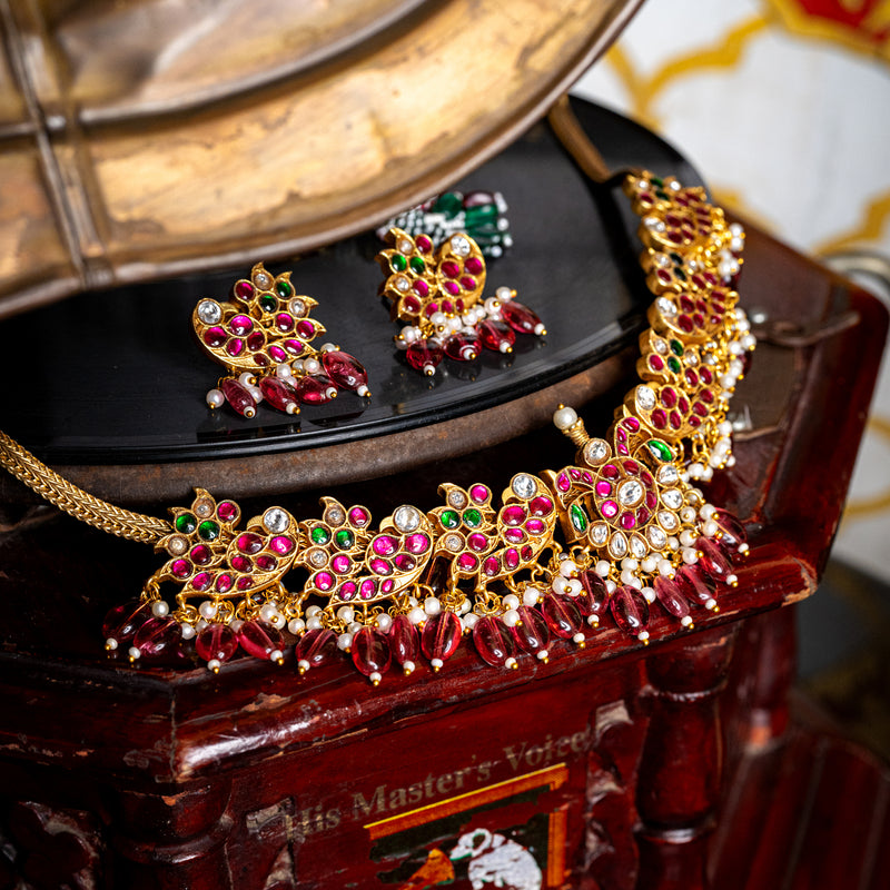 MDN112- Multi Colour Gold Plated Jadau Kundan Temple Necklace Set