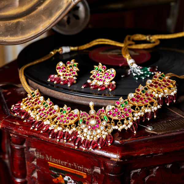 MDN112- Multi Colour Gold Plated Jadau Kundan Temple Necklace Set